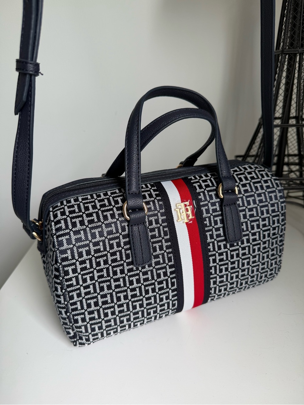 Tommy Hilfiger Dark Blue Patterned Satchel with Red and White Stripe